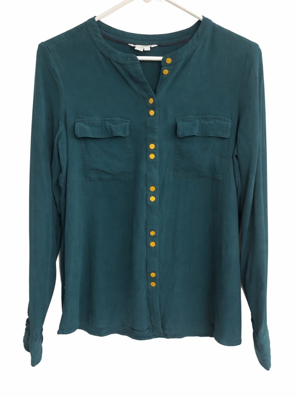 NWOT Boden Teal Long-Sleeve Button-Front Blouse with Gold Buttons